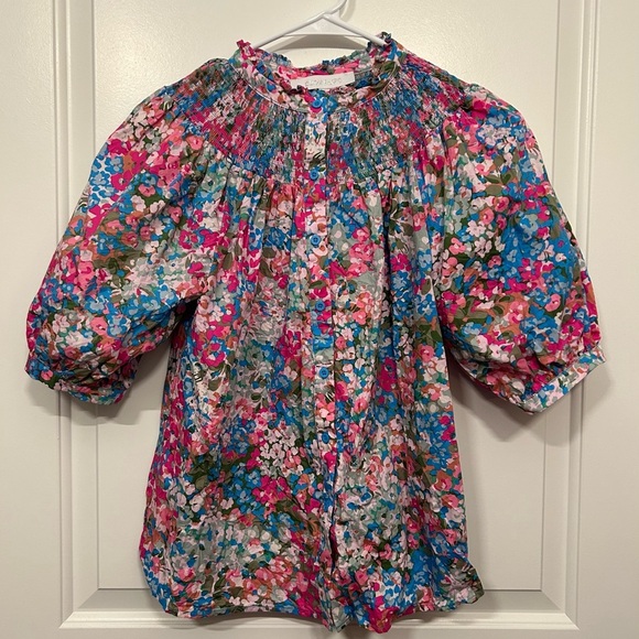 SUGARLIPS Avery Blossom Floral Smocked Mock Neck Top in Dusty Pink Size Small - Picture 1 of 12